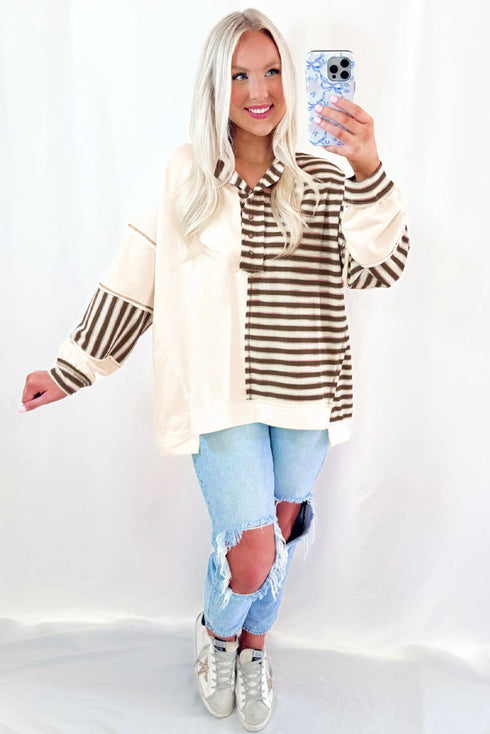 Colorblock Striped Patchwork Henley Pullover Top Exposed-Seam Drop-Shoulder